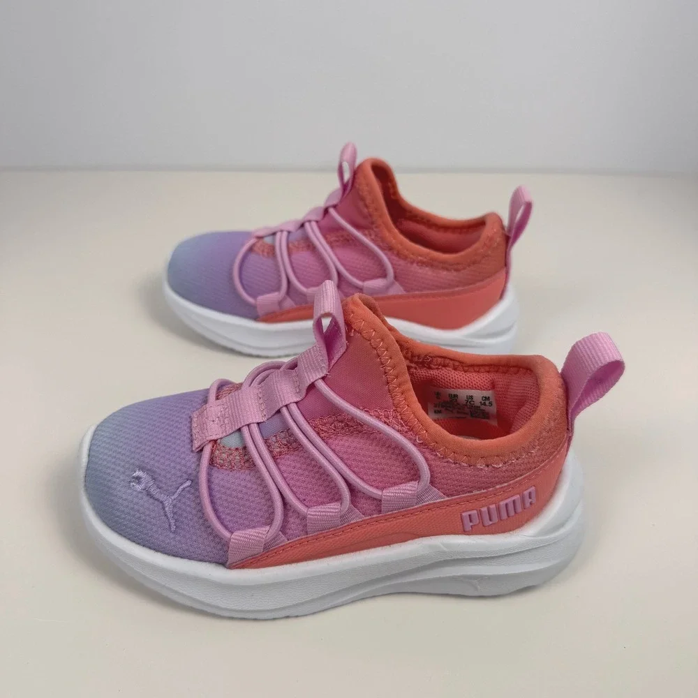 Puma On4all Sunset Sky Ombre Sporty Kids Slip On Sneakers Pink Purple Mesh 7C